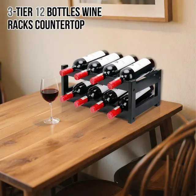 Alt view image 2 of 7 - Bamboo Wine Rack, 2-Tier 8 Bottles Wine Storage Cabinet Shelf, Easy-Assembly Freestanding Bamboo Wine Racks Countertop for Kitchen Pantry Dining Room Bar, Black