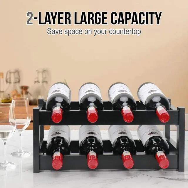 Alt view image 5 of 7 - Bamboo Wine Rack, 2-Tier 8 Bottles Wine Storage Cabinet Shelf, Easy-Assembly Freestanding Bamboo Wine Racks Countertop for Kitchen Pantry Dining Room Bar, Black