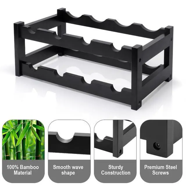 Alt view image 6 of 7 - Bamboo Wine Rack, 2-Tier 8 Bottles Wine Storage Cabinet Shelf, Easy-Assembly Freestanding Bamboo Wine Racks Countertop for Kitchen Pantry Dining Room Bar, Black