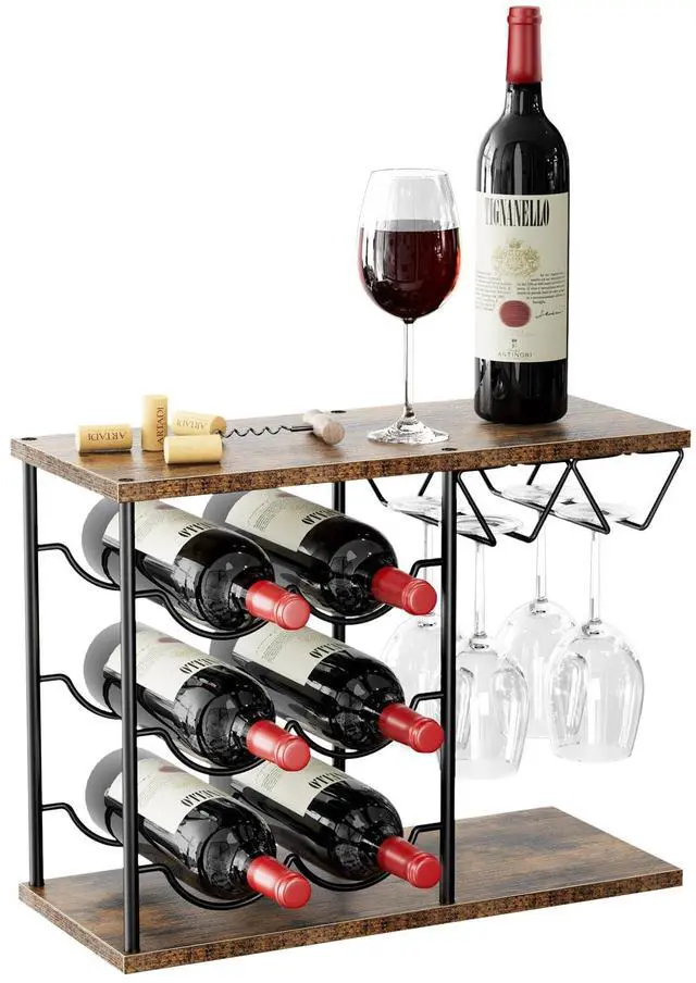 Main image of Wine Racks Countertop, Wine Bottle Holder for 6 Bottles & 4 Glasses Holder, Metal Wine Storage Organizer for Kitchen, Bar, Table, Cabinet, Wine Cellar, Wooden