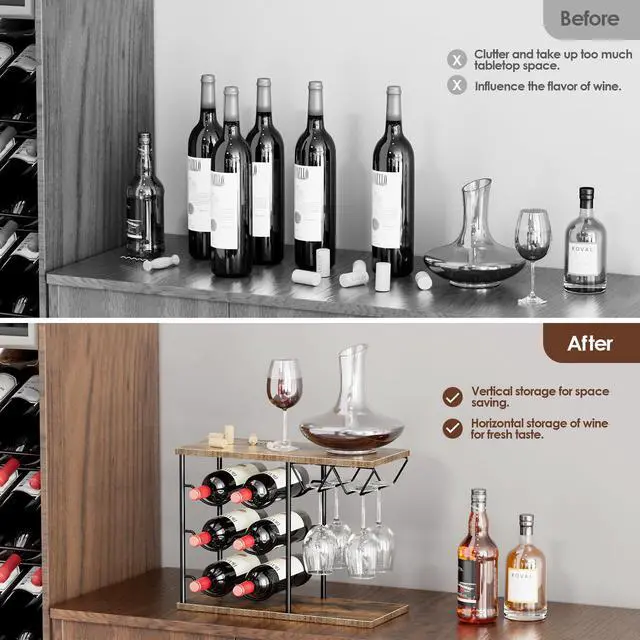 Alt view image 2 of 7 - Wine Racks Countertop, Wine Bottle Holder for 6 Bottles & 4 Glasses Holder, Metal Wine Storage Organizer for Kitchen, Bar, Table, Cabinet, Wine Cellar, Wooden