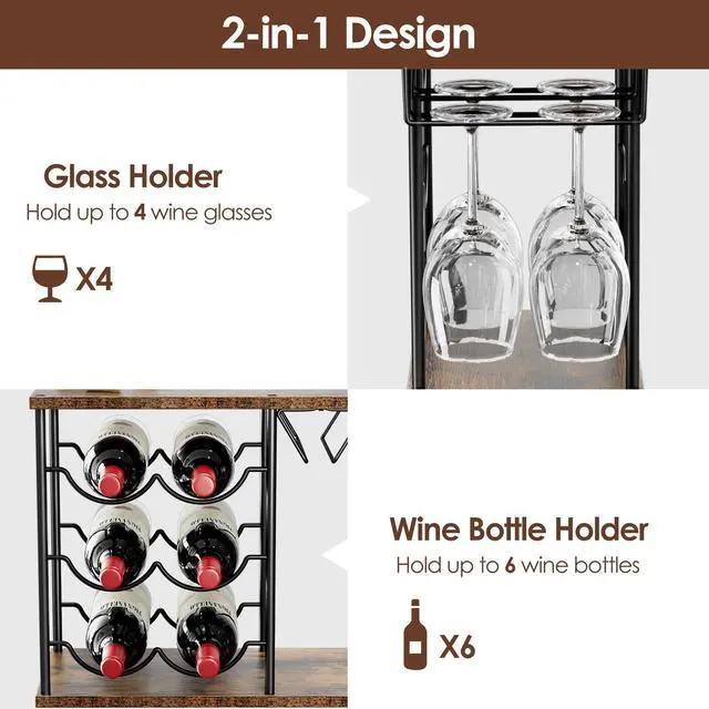 Alt view image 3 of 7 - Wine Racks Countertop, Wine Bottle Holder for 6 Bottles & 4 Glasses Holder, Metal Wine Storage Organizer for Kitchen, Bar, Table, Cabinet, Wine Cellar, Wooden
