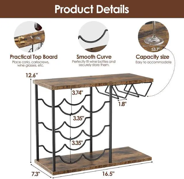 Alt view image 5 of 7 - Wine Racks Countertop, Wine Bottle Holder for 6 Bottles & 4 Glasses Holder, Metal Wine Storage Organizer for Kitchen, Bar, Table, Cabinet, Wine Cellar, Wooden