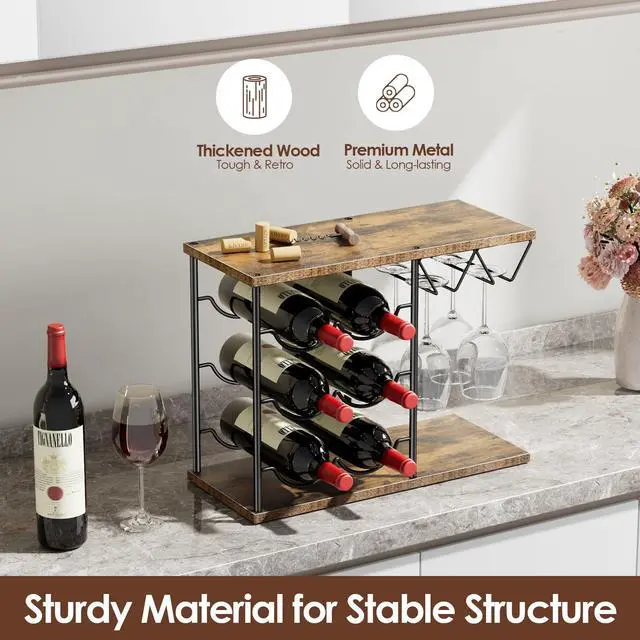 Alt view image 4 of 7 - Wine Racks Countertop, Wine Bottle Holder for 6 Bottles & 4 Glasses Holder, Metal Wine Storage Organizer for Kitchen, Bar, Table, Cabinet, Wine Cellar, Wooden