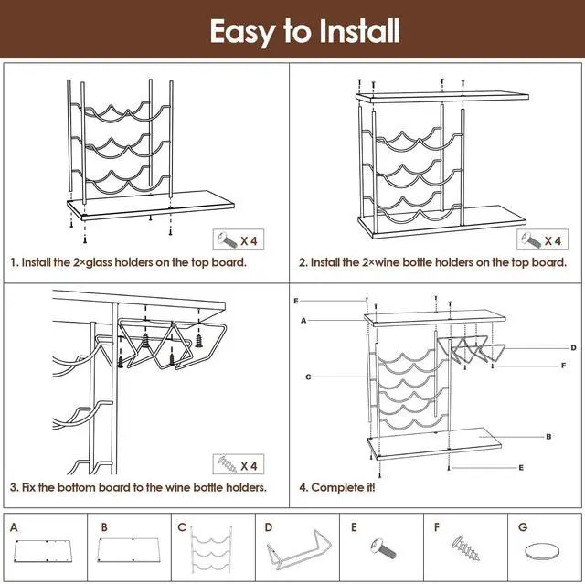 Alt view image 7 of 7 - Wine Racks Countertop, Wine Bottle Holder for 6 Bottles & 4 Glasses Holder, Metal Wine Storage Organizer for Kitchen, Bar, Table, Cabinet, Wine Cellar, Wooden