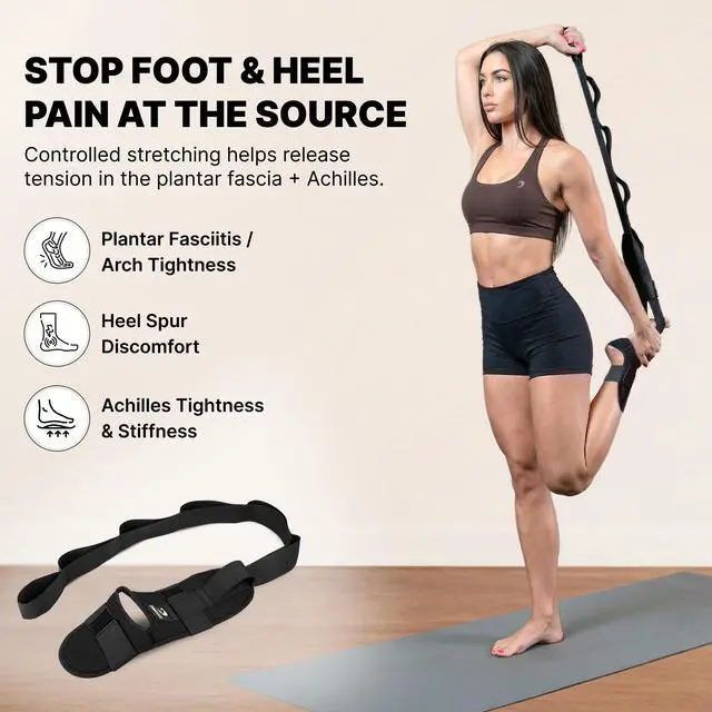 Alt view image 2 of 7 - Foot & Calf Stretcher with Adjustable Padded Stretching Strap for Plantar Fasciitis, Hamstring, Heel Spurs and Achilles Tendonitis Relief - Yoga Leg Stretch Strap for Flexibility