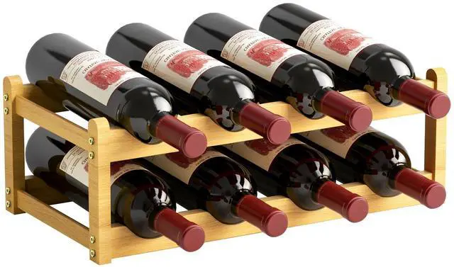 Main image of Bamboo Wine Rack, 2-Tier 8 Bottles Stackable Wine Rack with Wavy Groove, Sturdy Freestanding Countertop Shelf for Kitchen Pantry Dining Room Basement Bar Cellar, Wood Color
