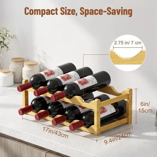 Alt view image 3 of 6 - Bamboo Wine Rack, 2-Tier 8 Bottles Stackable Wine Rack with Wavy Groove, Sturdy Freestanding Countertop Shelf for Kitchen Pantry Dining Room Basement Bar Cellar, Wood Color