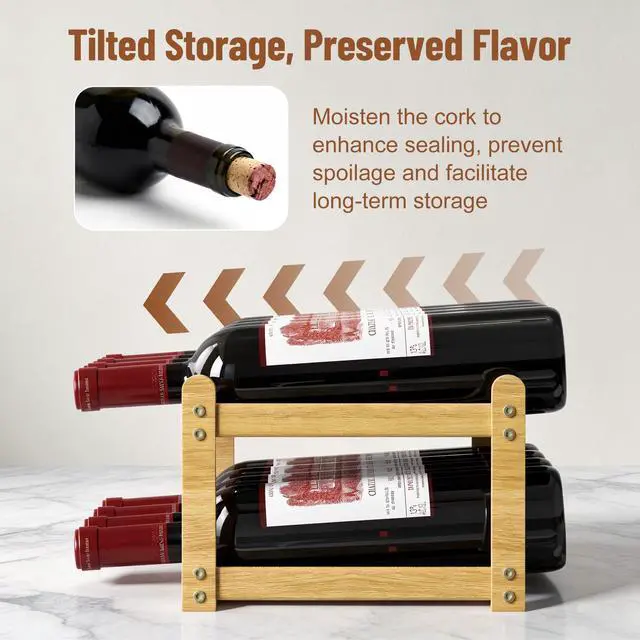 Alt view image 4 of 6 - Bamboo Wine Rack, 2-Tier 8 Bottles Stackable Wine Rack with Wavy Groove, Sturdy Freestanding Countertop Shelf for Kitchen Pantry Dining Room Basement Bar Cellar, Wood Color