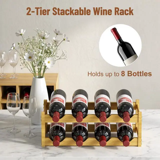 Alt view image 2 of 6 - Bamboo Wine Rack, 2-Tier 8 Bottles Stackable Wine Rack with Wavy Groove, Sturdy Freestanding Countertop Shelf for Kitchen Pantry Dining Room Basement Bar Cellar, Wood Color