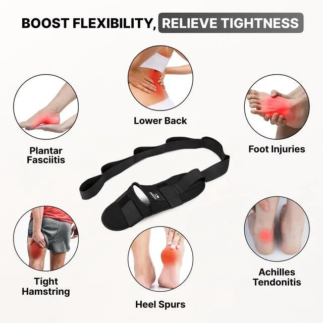 Alt view image 3 of 7 - Foot & Calf Stretcher with Adjustable Padded Stretching Strap for Plantar Fasciitis, Hamstring, Heel Spurs and Achilles Tendonitis Relief - Yoga Leg Stretch Strap for Flexibility