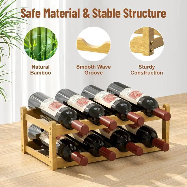 Alt view image 5 of 6 - Bamboo Wine Rack, 2-Tier 8 Bottles Stackable Wine Rack with Wavy Groove, Sturdy Freestanding Countertop Shelf for Kitchen Pantry Dining Room Basement Bar Cellar, Wood Color