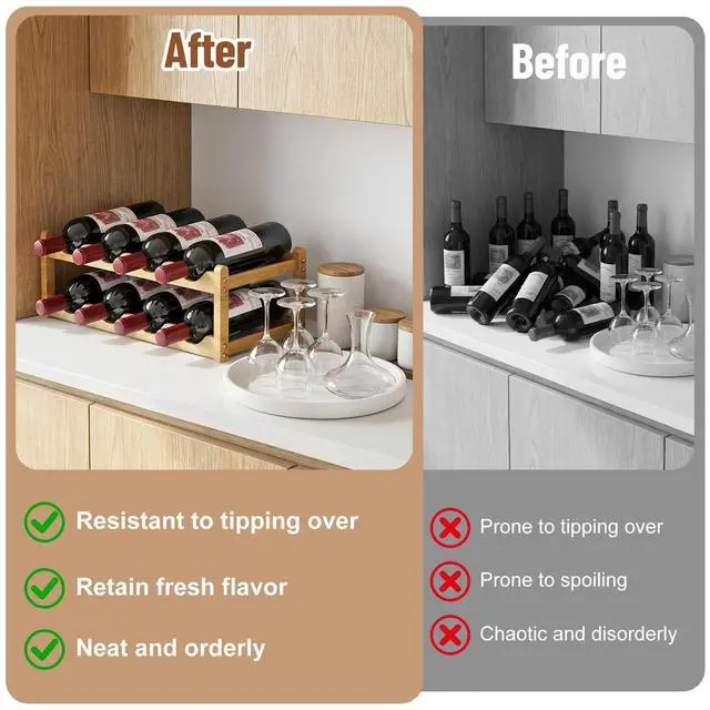 Alt view image 6 of 6 - Bamboo Wine Rack, 2-Tier 8 Bottles Stackable Wine Rack with Wavy Groove, Sturdy Freestanding Countertop Shelf for Kitchen Pantry Dining Room Basement Bar Cellar, Wood Color