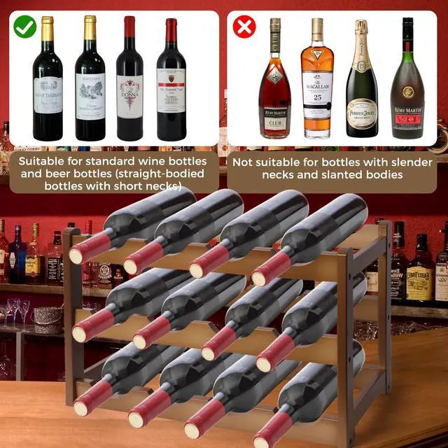 Alt view image 4 of 7 - Bamboo Wine Rack 3-Tier 12 Bottle, Freestanding Countertop Wine Storage Shelf, Sturdy Natural Wine Holder Display Cabinet for Kitchen, Pantry, Dining Room & Home Bar (3 Tier)