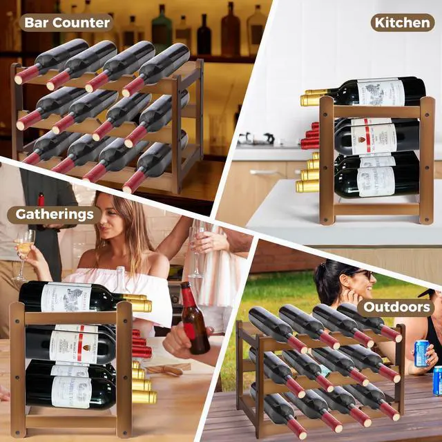 Alt view image 5 of 7 - Bamboo Wine Rack 3-Tier 12 Bottle, Freestanding Countertop Wine Storage Shelf, Sturdy Natural Wine Holder Display Cabinet for Kitchen, Pantry, Dining Room & Home Bar (3 Tier)