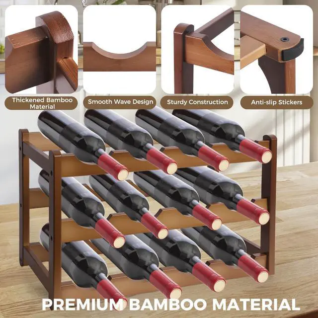 Alt view image 3 of 7 - Bamboo Wine Rack 3-Tier 12 Bottle, Freestanding Countertop Wine Storage Shelf, Sturdy Natural Wine Holder Display Cabinet for Kitchen, Pantry, Dining Room & Home Bar (3 Tier)