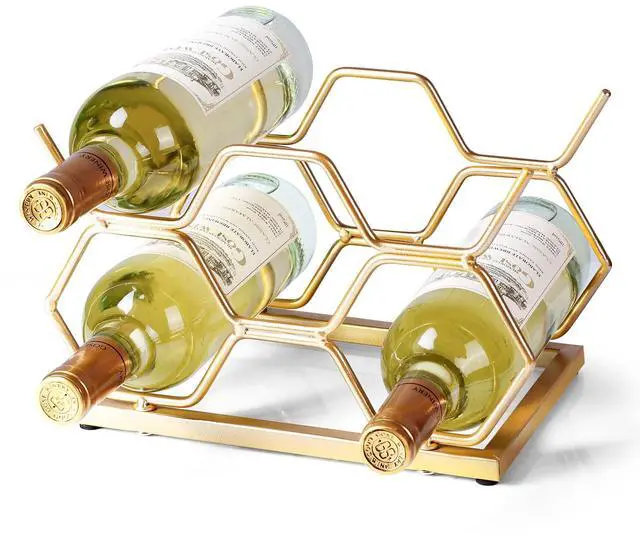 Main image of Countertop Wine Rack - 5 Bottle Freestanding Modern Gold Metal Small Wine Rack - Tabletop Wine Holder Stand for Cabinet, Pantry, Wine Bottle Storage