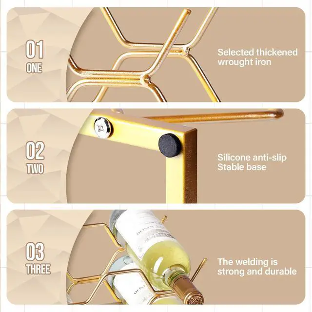 Alt view image 5 of 7 - Countertop Wine Rack - 5 Bottle Freestanding Modern Gold Metal Small Wine Rack - Tabletop Wine Holder Stand for Cabinet, Pantry, Wine Bottle Storage