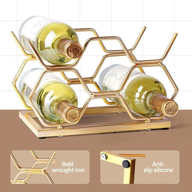 Alt view image 6 of 7 - Countertop Wine Rack - 5 Bottle Freestanding Modern Gold Metal Small Wine Rack - Tabletop Wine Holder Stand for Cabinet, Pantry, Wine Bottle Storage