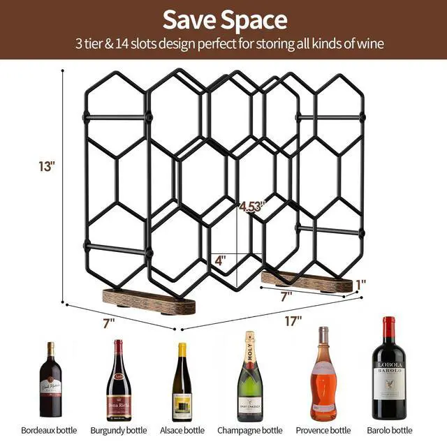 Alt view image 2 of 7 - Countertop Wine Rack, 14-Bottle Freestanding Modern Carbon Steel Holder Hexagonal Structure, 3 Tier Tabletop Wine Bottle Organizer Storage for Cabinet, Pantry, Black+Retro Brown
