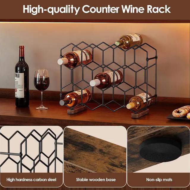 Alt view image 3 of 7 - Countertop Wine Rack, 14-Bottle Freestanding Modern Carbon Steel Holder Hexagonal Structure, 3 Tier Tabletop Wine Bottle Organizer Storage for Cabinet, Pantry, Black+Retro Brown
