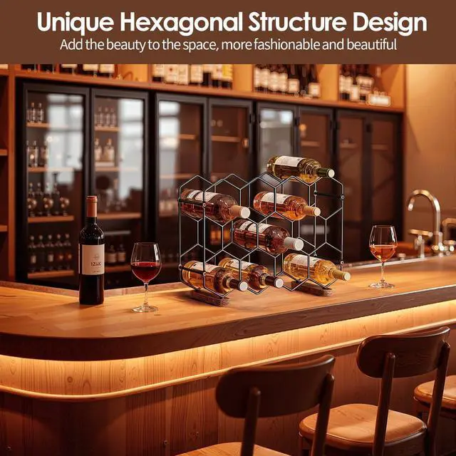 Alt view image 4 of 7 - Countertop Wine Rack, 14-Bottle Freestanding Modern Carbon Steel Holder Hexagonal Structure, 3 Tier Tabletop Wine Bottle Organizer Storage for Cabinet, Pantry, Black+Retro Brown