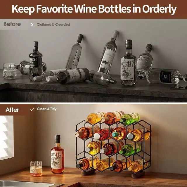 Alt view image 5 of 7 - Countertop Wine Rack, 14-Bottle Freestanding Modern Carbon Steel Holder Hexagonal Structure, 3 Tier Tabletop Wine Bottle Organizer Storage for Cabinet, Pantry, Black+Retro Brown