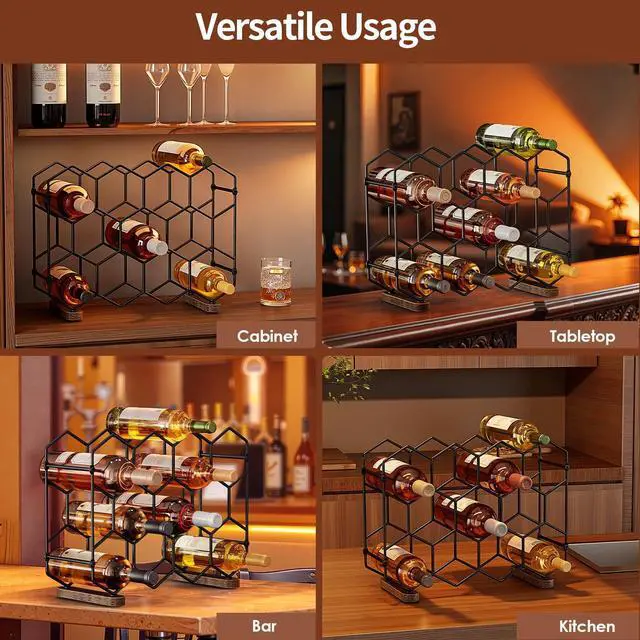 Alt view image 6 of 7 - Countertop Wine Rack, 14-Bottle Freestanding Modern Carbon Steel Holder Hexagonal Structure, 3 Tier Tabletop Wine Bottle Organizer Storage for Cabinet, Pantry, Black+Retro Brown
