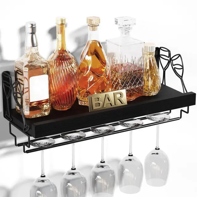 Main image of Wine Rack with Stemware Hanger,Solid Wood/Bracket,17inch,Black