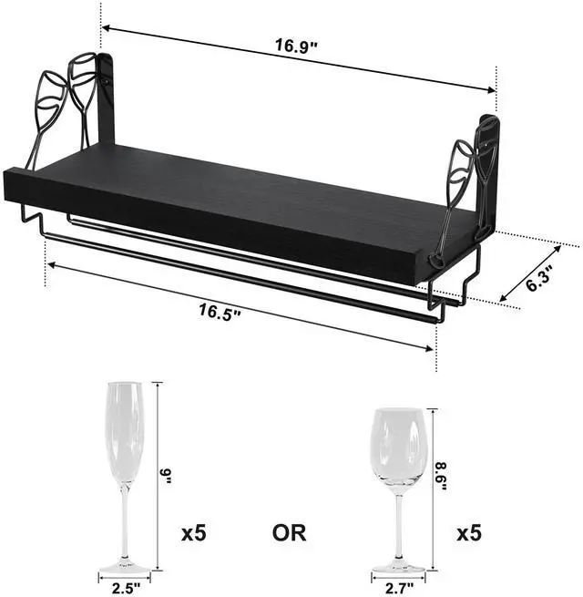 Alt view image 3 of 7 - Wine Rack with Stemware Hanger,Solid Wood/Bracket,17inch,Black