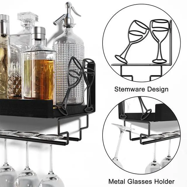 Alt view image 6 of 7 - Wine Rack with Stemware Hanger,Solid Wood/Bracket,17inch,Black