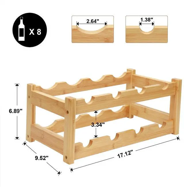 Alt view image 3 of 7 - Bamboo Wine Rack, 2-Tier 8 Bottles Wine Storage Cabinet Shelf, Easy-Assembly Freestanding Bamboo Wine Racks Countertop for Kitchen Pantry Dining Room Bar, Natural