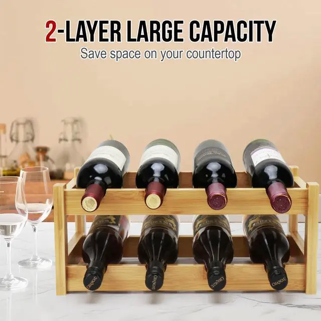 Alt view image 5 of 7 - Bamboo Wine Rack, 2-Tier 8 Bottles Wine Storage Cabinet Shelf, Easy-Assembly Freestanding Bamboo Wine Racks Countertop for Kitchen Pantry Dining Room Bar, Natural