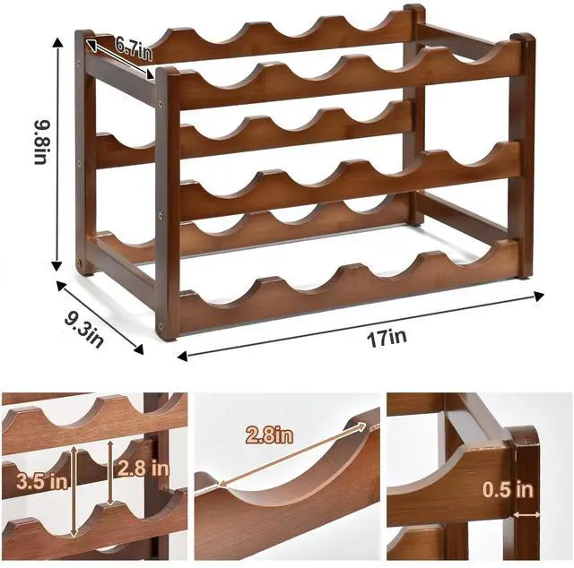 Alt view image 2 of 7 - Wine Rack, 12 Bottles 3-Tier Free Standing Wine Racks, Wine Rack Countertop Holder Storage Shelf for Kitchen Cabinet Dining Room Bar (Brown)