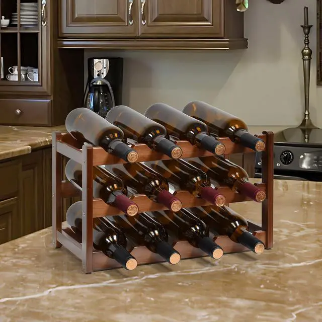 Alt view image 6 of 7 - Wine Rack, 12 Bottles 3-Tier Free Standing Wine Racks, Wine Rack Countertop Holder Storage Shelf for Kitchen Cabinet Dining Room Bar (Brown)