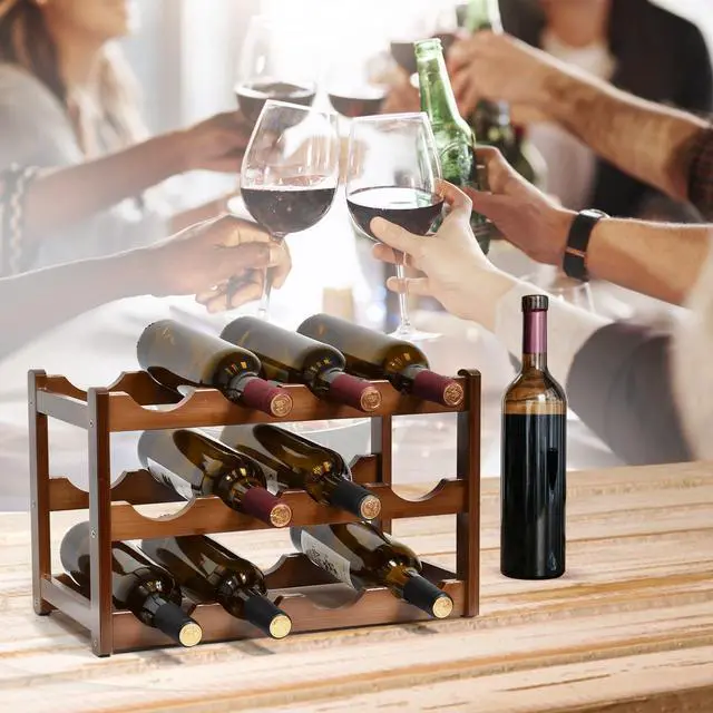 Alt view image 7 of 7 - Wine Rack, 12 Bottles 3-Tier Free Standing Wine Racks, Wine Rack Countertop Holder Storage Shelf for Kitchen Cabinet Dining Room Bar (Brown)