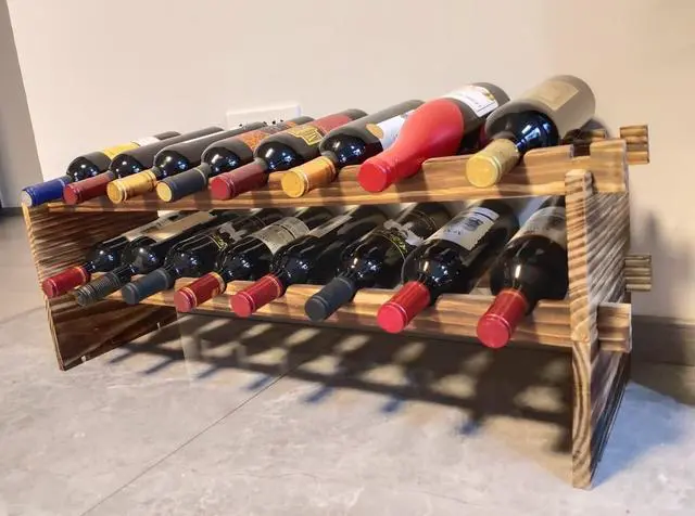Alt view image 4 of 7 - 16-Bottle Stackable Wine Rack - 2-Tier Rustic Pine Wood Wine Storage, Freestanding Organizer for Kitchen, Home Bar & Dining Room - Easy Assembly