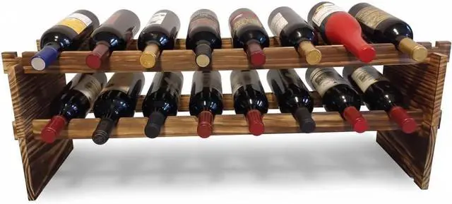 Alt view image 7 of 7 - 16-Bottle Stackable Wine Rack - 2-Tier Rustic Pine Wood Wine Storage, Freestanding Organizer for Kitchen, Home Bar & Dining Room - Easy Assembly