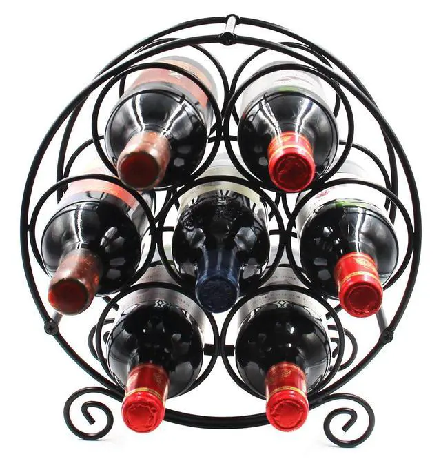 Alt view image 2 of 6 - 7 Bottles Freestanding Countertop Wine Rack, Metal Small Table Top Wine Rack, Drink Organizer Bottle Holder, Kitchen Organizers and Storage, Black
