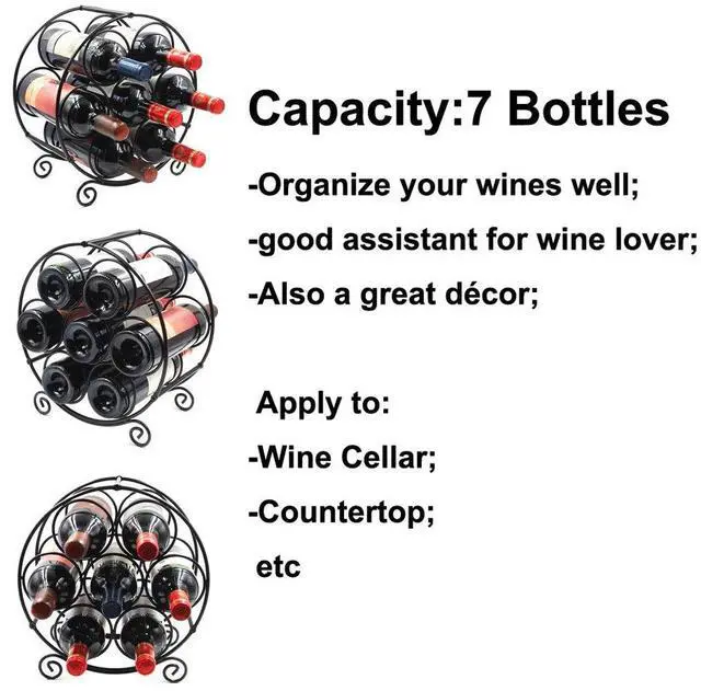 Alt view image 4 of 6 - 7 Bottles Freestanding Countertop Wine Rack, Metal Small Table Top Wine Rack, Drink Organizer Bottle Holder, Kitchen Organizers and Storage, Black