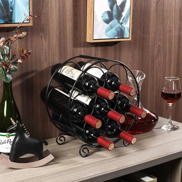 Alt view image 6 of 6 - 7 Bottles Freestanding Countertop Wine Rack, Metal Small Table Top Wine Rack, Drink Organizer Bottle Holder, Kitchen Organizers and Storage, Black