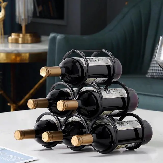 Main image of Small Tabletop Wine Rack 6 Bottles Triangle Freestanding Countertop Wine Bottle Holder Cabinet Pantry Wine Storage Stand Bottle Organizer for Coffee Bar Kitchen, Frosted Iron, Black
