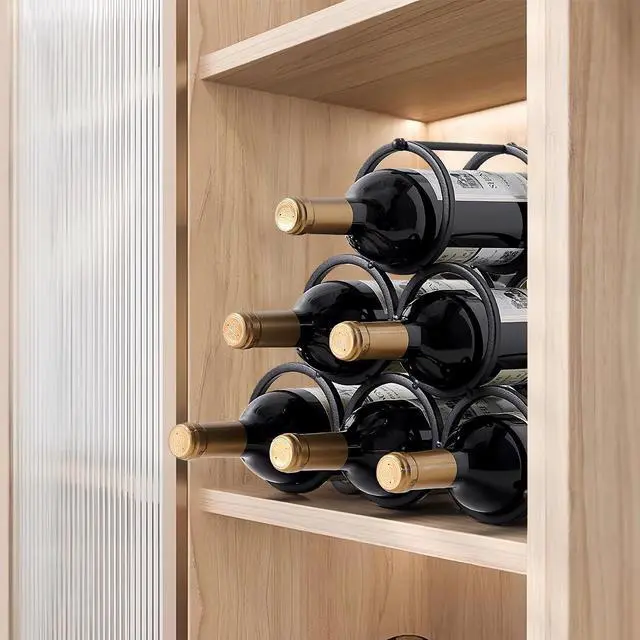 Alt view image 4 of 7 - Small Tabletop Wine Rack 6 Bottles Triangle Freestanding Countertop Wine Bottle Holder Cabinet Pantry Wine Storage Stand Bottle Organizer for Coffee Bar Kitchen, Frosted Iron, Black