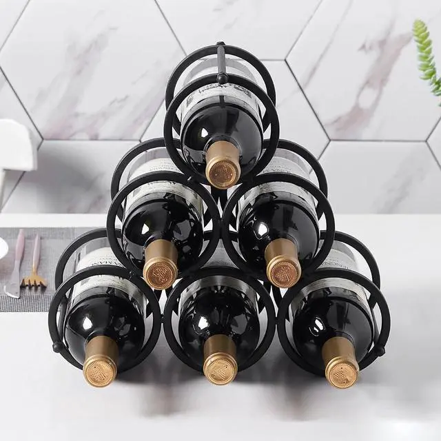 Alt view image 6 of 7 - Small Tabletop Wine Rack 6 Bottles Triangle Freestanding Countertop Wine Bottle Holder Cabinet Pantry Wine Storage Stand Bottle Organizer for Coffee Bar Kitchen, Frosted Iron, Black