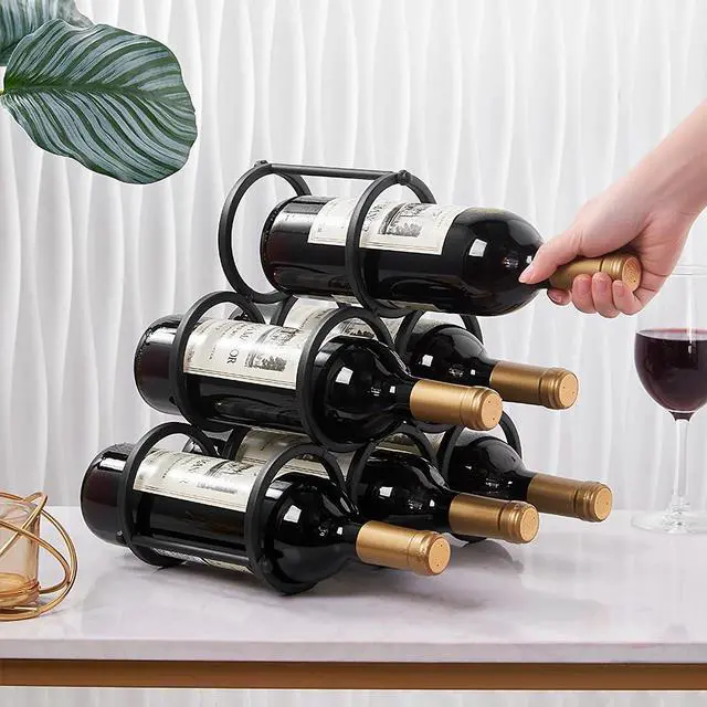 Alt view image 5 of 7 - Small Tabletop Wine Rack 6 Bottles Triangle Freestanding Countertop Wine Bottle Holder Cabinet Pantry Wine Storage Stand Bottle Organizer for Coffee Bar Kitchen, Frosted Iron, Black