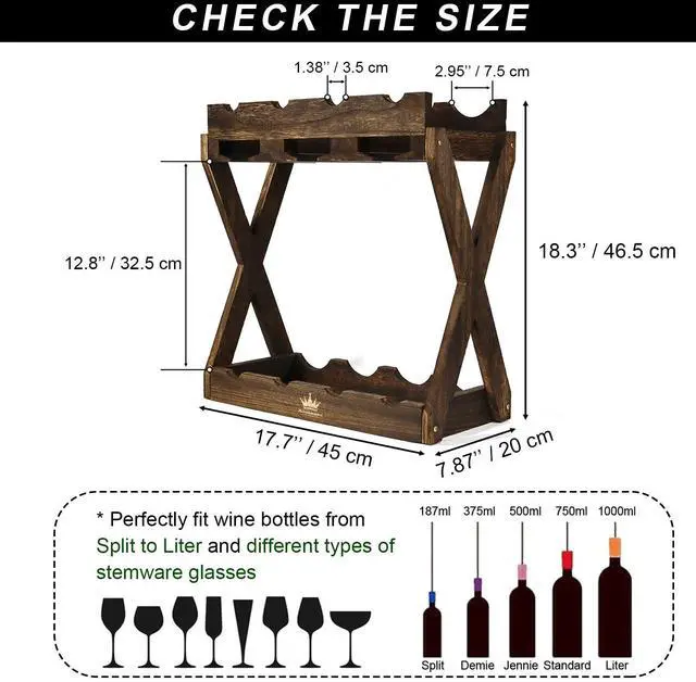 Alt view image 2 of 6 - 3-IN-1 Countertop Wine Rack with Glass Holder Store 8 Bottles, 6 Stemware Glasses and Wine Tools | Durable Wooden Wine Bottle Holder | Elegant Home Decor for Kitchen, Dining, and Living Room