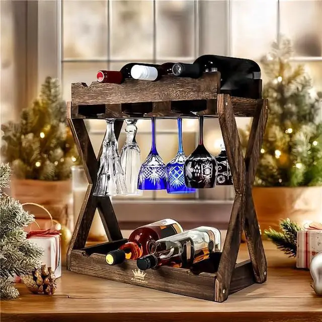 Alt view image 4 of 6 - 3-IN-1 Countertop Wine Rack with Glass Holder Store 8 Bottles, 6 Stemware Glasses and Wine Tools | Durable Wooden Wine Bottle Holder | Elegant Home Decor for Kitchen, Dining, and Living Room
