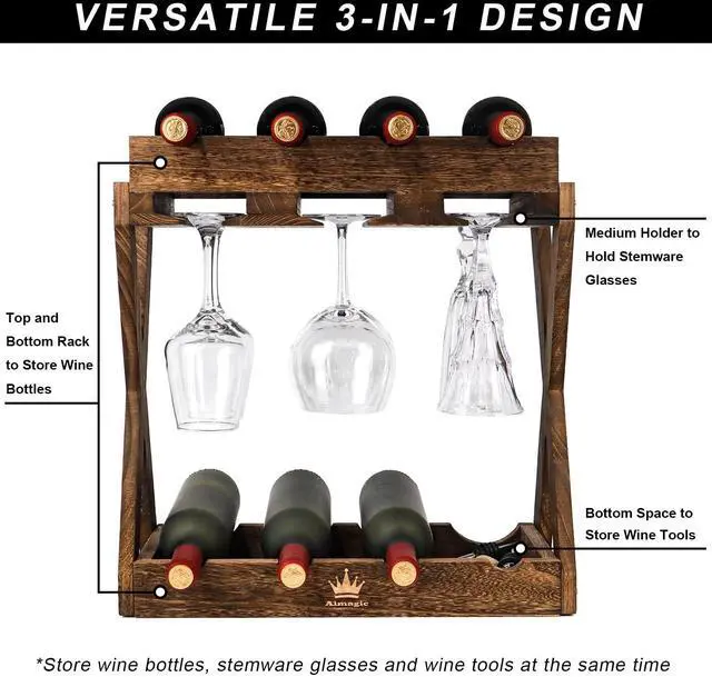 Alt view image 3 of 6 - 3-IN-1 Countertop Wine Rack with Glass Holder Store 8 Bottles, 6 Stemware Glasses and Wine Tools | Durable Wooden Wine Bottle Holder | Elegant Home Decor for Kitchen, Dining, and Living Room
