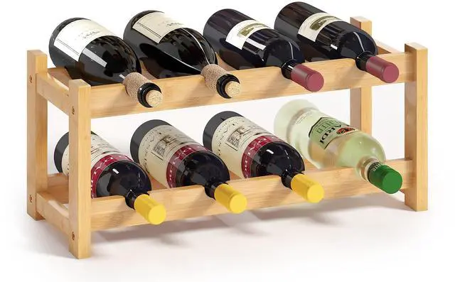 Main image of Wine Rack Freestanding 8 Bottle 2 Tier Bamboo Wine Racks Countertop Cabinet Wine Holder Wine Storage Shelf for Kitchen, Bar, Pantry, Wine Cellar, Basement, Countertop (16.85 L x 9.25W x 7H)
