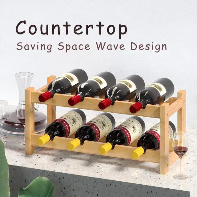 Alt view image 2 of 7 - Wine Rack Freestanding 8 Bottle 2 Tier Bamboo Wine Racks Countertop Cabinet Wine Holder Wine Storage Shelf for Kitchen, Bar, Pantry, Wine Cellar, Basement, Countertop (16.85 L x 9.25W x 7H)